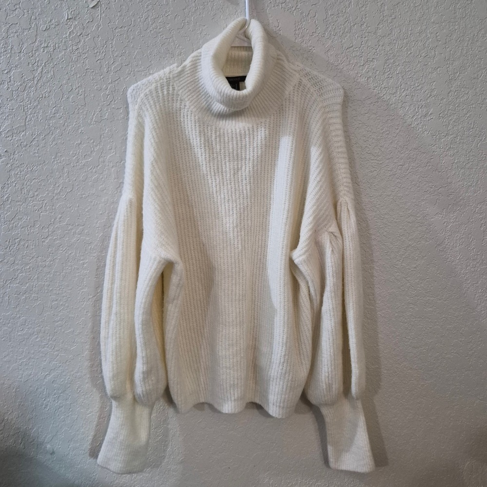 Forever 21 Sweater Womens M Cream Ribbed Knit Turtleneck Balloon Sleeve Oversize